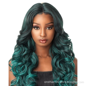 Best Price 24inch Long Ombre Green Light Synthetic Wigs Middle Part Water Wave Cosplay Wig For Black Woman Heat Resistant Fibre